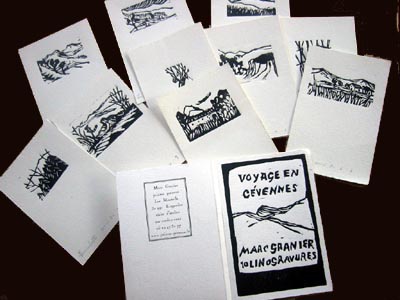 "Voyage en Cévennes" 10 linogravures imprimées sur une presse à bras par Marc Granier aux Monteils à Roquedur en Cévennes en avril 2009 (épuisé)
