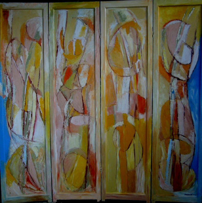 2010 Paravant peinture à l\'huile sur bois 1,68x1,64 cm 4 panneaux de 1,68 x 0,41 cm (vendu)