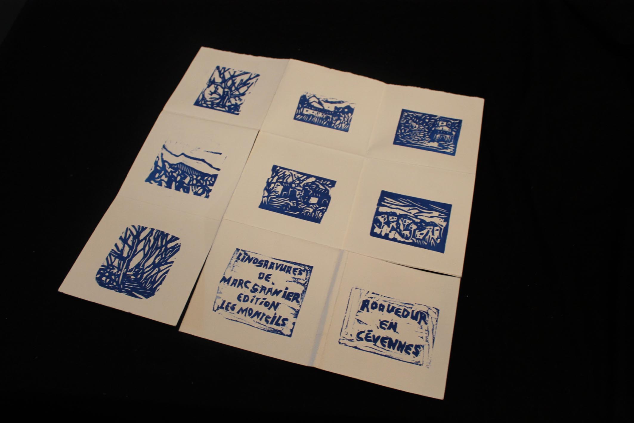 Edition de 16 linogravures de Marc Granier sur papier Hahnemehle 300 gr  imprimé sur les presses artisanales des Monteils en Cévennes en mars 2011 (puisé)