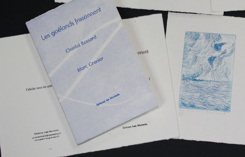 Les goland frissonnent texte de Chantal bossard enrichie de 3 eau fortes de Marc granier les 51 exemplaires sur Hahnemuehle 300 g sont numrots et signs par l\'auteure et l\'artiste.Achev d\'imprimer en plomb mobile Origine corps 20 avec l\'aide de Michle Beck sur les presses de l\'atelier des Monteils sous les arbres  Roquedur en Cvennes le 3 fvrier 2016 (puis)