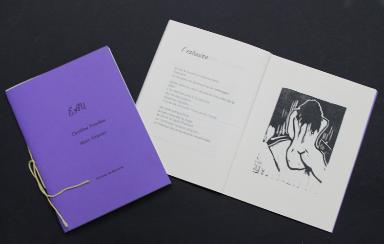 Editions originale d\'un texte de Caroline Fouchac enrichie de 5 linogravures de Marc Granier.les 101 exemplaires sur simili Japon 80 gr sont numrots et signs par l\'auteur et l\'artiste. Composen plomb mobile Europe corps 12 avec l\'aide de Michle Beck et de Jaqueline Chuat. Achev d\'imprimer sur les presses de l\'atelier des Monteils sous les arbres  Roquedur en Cvennes le 18 juin 2017