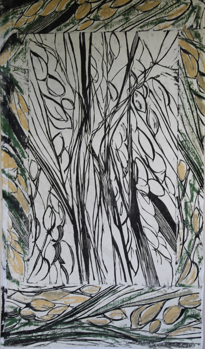 gravure sur  bois sur papier Japon marouflé sur toile rehaussé au pastel gras 120 x 80 cm 2020