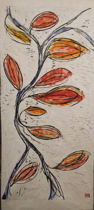"feuilles d\'automne" gravure sur bois 3matrices imprimée sur papier Japon marouflée sur toile 50 x 120 cm