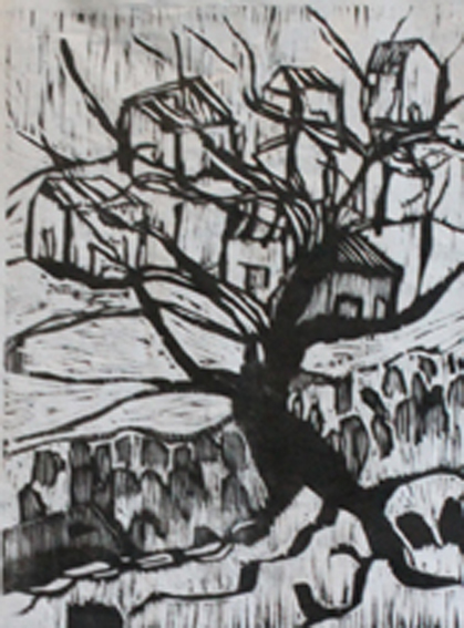 "Maisons dans les arbres "Gravures sur bois 70 x 50 cm 2023 sur papier Hahanemhle 150 g