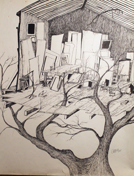 L\'atelier dans les arbres dessin rotring 50 x80 dessin  Lorient 96 rue Paul Guisse en 1981