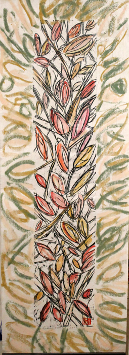 "feuillage rouge" gravure sur bois rauss  l\'aquarelle et au pastel  l\'huile imprime sur papier Japon maroufle sur toile 40 x 120 cm 2020